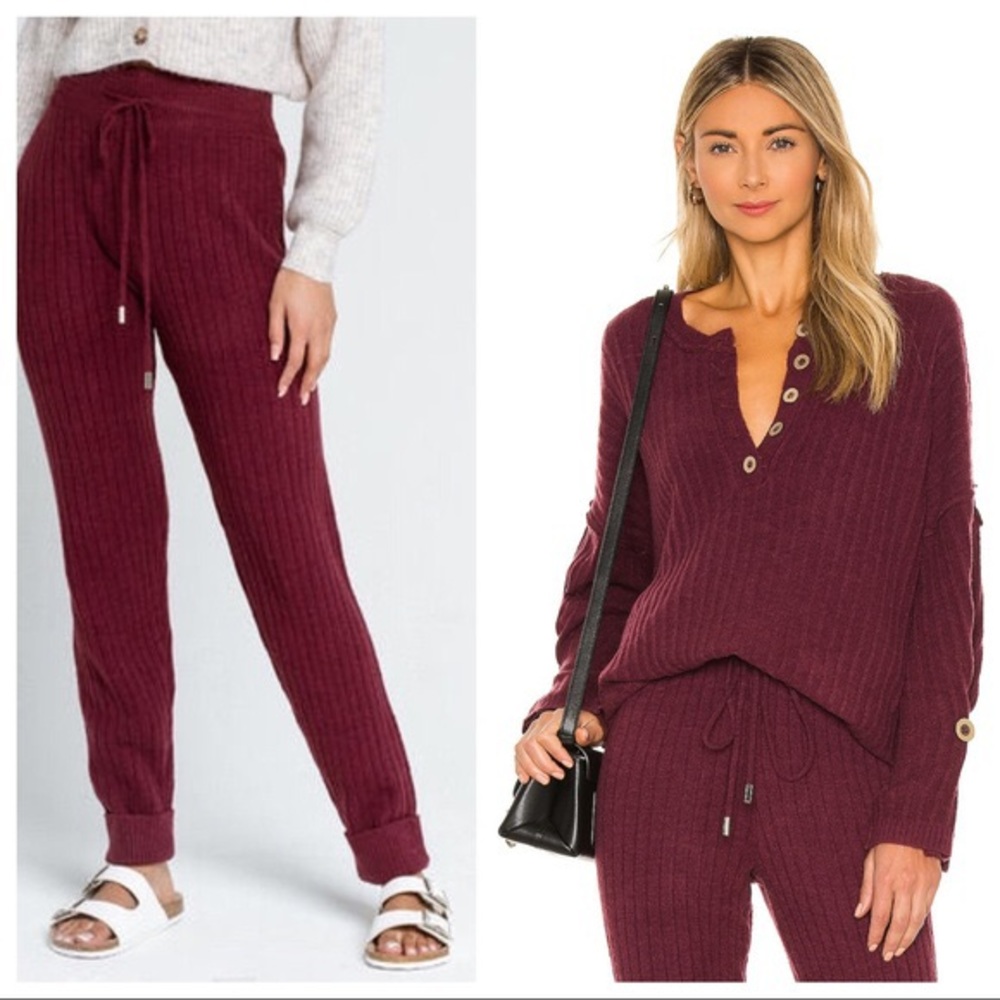 FREE PEOPLE BOHO JOGGERS COZY RIB KNIT LOUNGE ATHLEISURE SKINNY SOFT PANTS A3C - Picture 2 of 11